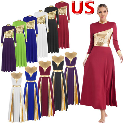 #ad US Women#x27;s Praise Worship Dance Costume Metallic Applique Lyrical Dance Dress $22.62