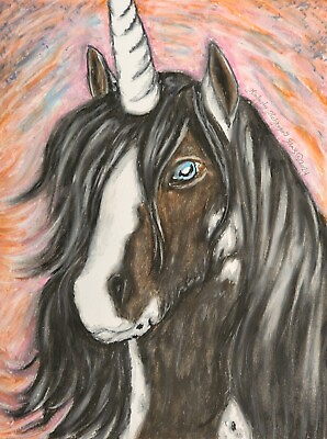 #ad Unicorn Gypsy Vanner Horse Original 9x12 Oil Pastel Painting Artist KSams $99.99