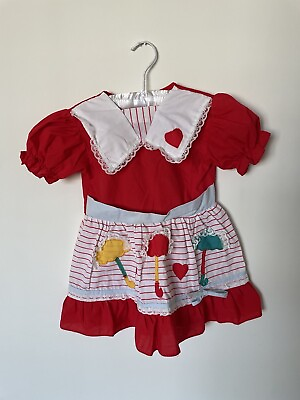 #ad Vintage Child’s Red White Umbrella Lace Dress Puff Sleeves Cotton Polyester Gift $20.00