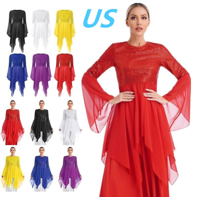 #ad US Women Flared Sleeve Praise Dance Dress Irregular Hem Liturgical Tunic Dresses $18.98