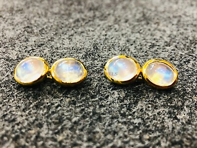 #ad Natural Rainbow Moonstone with Gold Plated 925 Sterling Silver Cufflink #2360 $116.80