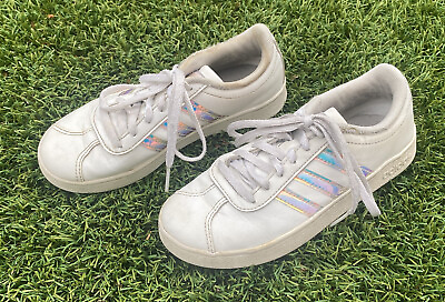 #ad Adidas Metallic Kids Shoes 3 Stripe Holographic Iridescent White Unisex Size 1 $13.00