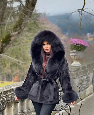 #ad Black Alcantara fabric women jacket Hood and Cuffs Fox Fur Coat $295.00