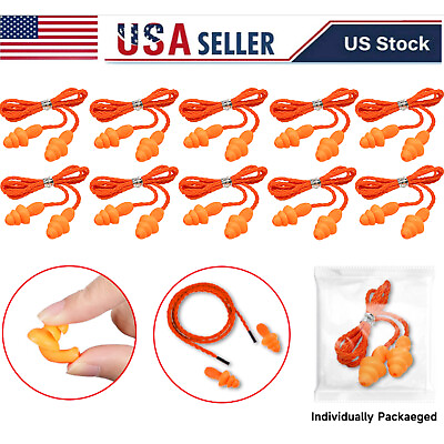 #ad 10 100 Pcs Silicone Corded Ear Plugs Reusable Shooting Hearing Protection w Cord $5.95