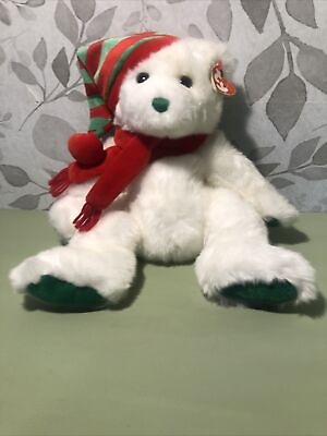 #ad Ty Classic White Teddy Bear MERRY Plush Red Green Stuffed Animal Christmas 2004 $12.44
