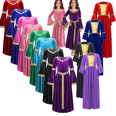 #ad Kids Girls Renaissance Flared Sleeve Halloween Cosplay Long Dress Gown Cosplay $15.89