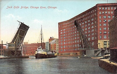 #ad Jack Knife Bridge Chicago River Chicago IL Early Postcard Unused $12.00
