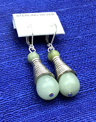 #ad Sterling Earrings Silver 925 New Jade Gemstone Pierced Drop $12.00