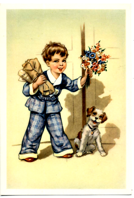 #ad Kids Art Childrens Boy with Dog Flowers Newspaper Vintage PC Circa 1950 A $4.99