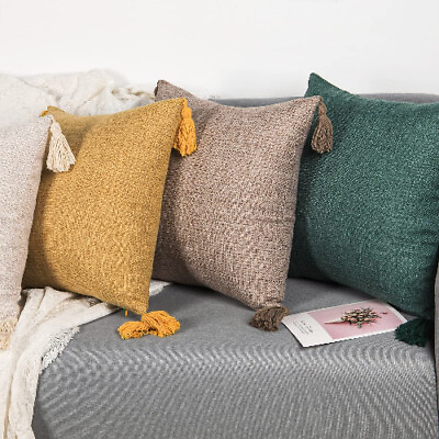 #ad Solid Linen Pillow Cushion Covers With Tassels Throw Pillow Sham 18x18 Decor $11.69