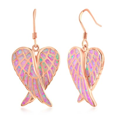 #ad Sterling Silver Pink Inlay Opal Angel Wings Earrings Rose Gold Plated $116.00