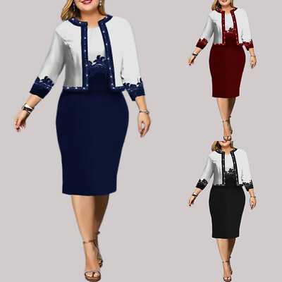 #ad 2PCS Plus Size Womens Floral Midi Dress Cardigan OL Work Business Party Dress US $32.69