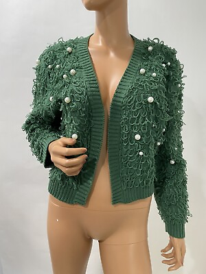 #ad MIGHTY FINE Women#x27;s size L Green Shaggy Loop Pearl Open Front Cardigan Sweater $29.00