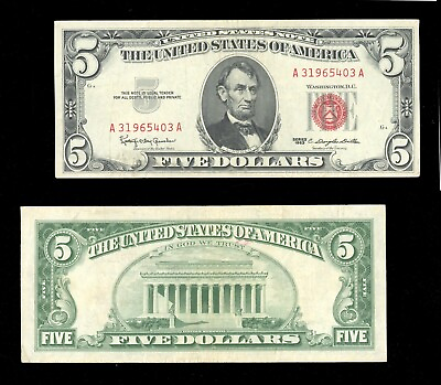 #ad 1963 $5 Dollar Bill Red Seal Legal Tender Old US Paper Money Note Very Nice VF $16.99