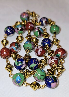 #ad Vintage Necklace Glass Cloisonné Enamel Multi Color 22” Long $48.00