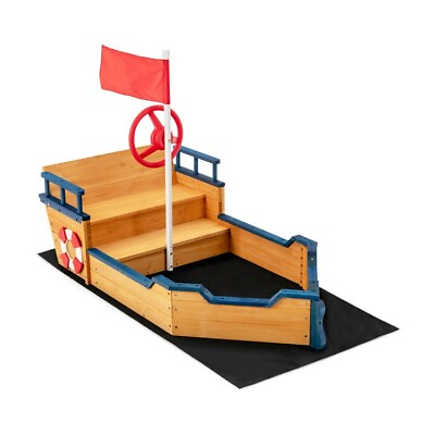 #ad Kids Pirate Boat Wooden Sandbox Toddler Outdoor Playset W 2 in 1 Storage Benches $123.98