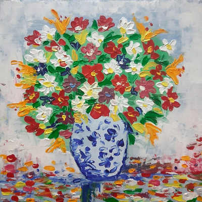 #ad Oil painting 6x6 quot;Bright flowers in a vase. Floral still life Stylish modern art $32.00