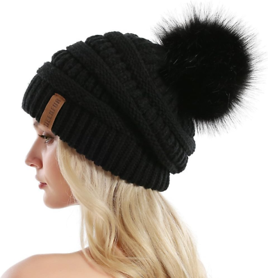 #ad Women Knit Slouchy Beanie Chunky Baggy Hat with Faux Fur Pompom Winter Soft Warm $18.74