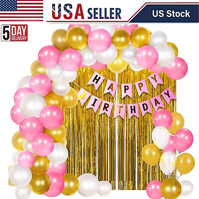 #ad Pretty Happy Birthday Decorations Set Foil Banners Balloons Supplies for Party $14.99