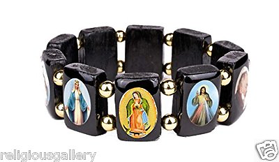 #ad Saints Icon Black Wood Beads Stretch Bracelet Jesus Mary Holy Saints Images $14.99