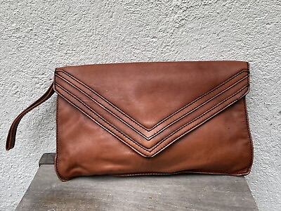 #ad Vintage Brown Leather Clutch Purse Bag Snap Button Korea $19.99