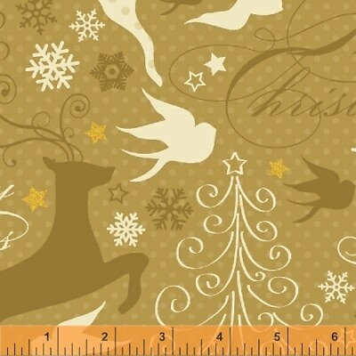 #ad Christmas Fabric Sparkle Reindeer Bird Tree Gold Windham YARD $10.98