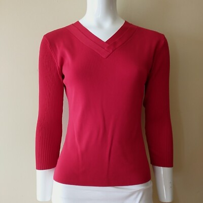 #ad Finity Top Women M Petite Red 3 4 Sleeve V Neck Sweater $7.78