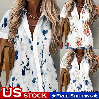 #ad Womens Floral Buttons Tops Shirt Ladies Summer Casual Baggy Short Sleeve Blouse $15.35