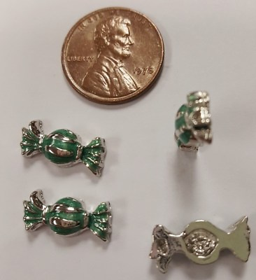#ad 3 GREEN WRAPPED CANDY SILVER 7X15mm. FLOATING CHARM CABOCHON FINDINGS R761 $1.49
