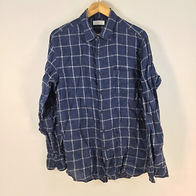 #ad Uniqlo mens button up shirt size L blue check linen long sleeve collar 076609 AU $22.95