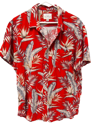 #ad Lucky Brand Mens Shirt L Red Floral Hawaiian Tropical Viscose Palm Leaves $18.98