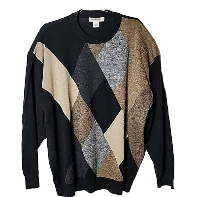 #ad Pronto Uomo Men 3X Wool Blend Pullover Square Color Long Sleeve Black Sweater $34.30