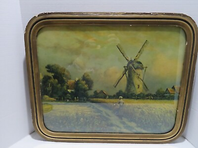 #ad VTG DUTCH WINDMILL amp; GIRL PICTURE IN WOOD FRAME $59.95