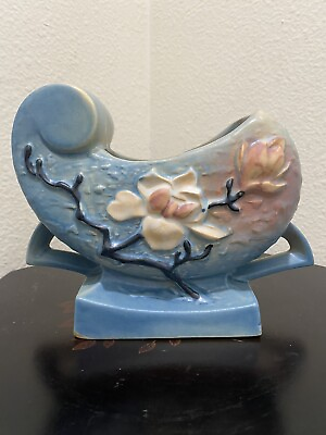 #ad Roseville Pottery Blue Magnolia Planter Sleigh Vase 183 6 1940s Art Pottery VTG $42.39