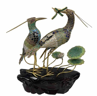 #ad Vintage Cloisonne Pair Of Inlaid Enamel Blue Heron Crane Egret Birds Wood Stand $50.00