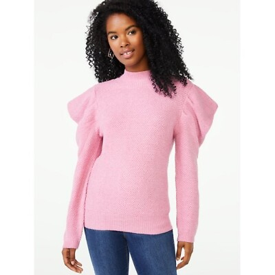 #ad Scoop Pink Mock Neck Long Puff Sleeve Knit Pullover Sweater for Women Size L $20.00