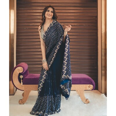#ad Indian Designer Navy Blue Georgette Sequin Work Bollywood Party Wear Saree Sari $50.99