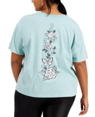 #ad $29 Rebellious One Trendy Plus Size Cotton Rose Graphic Print T Shirt Aqua 2X $8.40