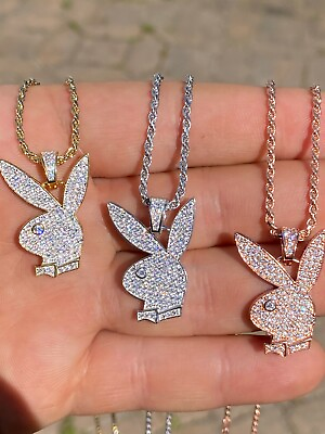 #ad Playboy Bunny Pendant Simulated Diamond Real 925 Silver Gold amp; Rose Plated Chain $44.78