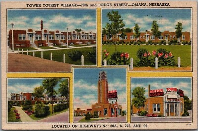 #ad 1947 Omaha Nebraska Postcard TOWER TOURIST VILLAGE Highway 30 Roadside Linen $4.31