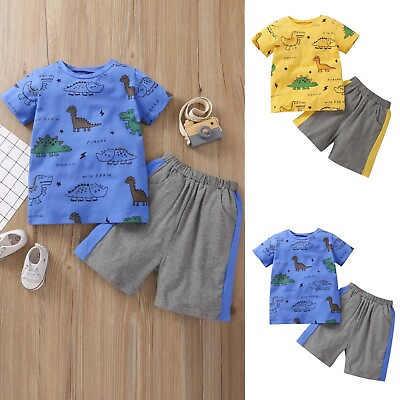 #ad Boys Toddler Baby Outfits Kids Dinosaur Short Sleeve Shirts Pants Top Clothes $16.99