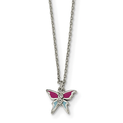 #ad Sterling Silver Polished amp; Enameled CZ Butterfly 14quot; Necklace QG4659 14 $37.99