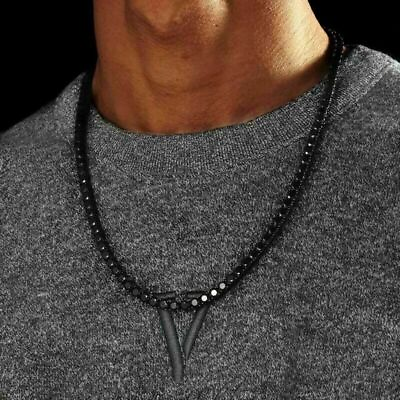 #ad 14K Black Gold Plated 12Ct Black 5mm Simulated Onyx Tennis Necklace Chain 18quot;Men $799.00