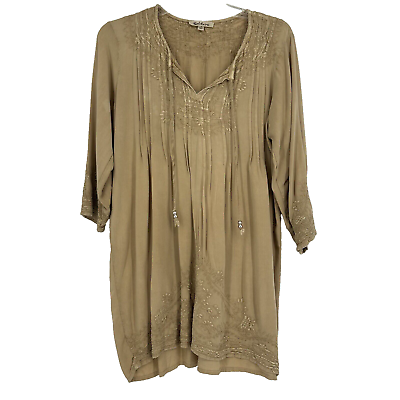 #ad Solitaire Boho Beige Tunic Top Embroidered Slit Neck Pleated 3 4 Sleeves Size S $15.00