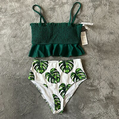 #ad NWT Cupshe Smocked High Waisted Bikini Tankini Two Piece SMALL Green Swimsuit $14.78