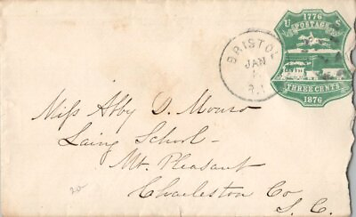 #ad Rhode Island Bristol c1876 geometric 3c Green Centennial Envelope Ragged at ri $15.00