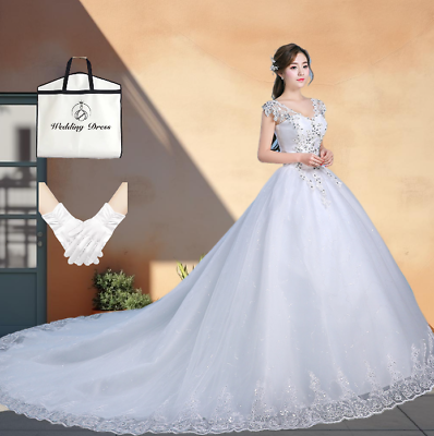 #ad White Wedding Dress Word Shoulder Tail Slim Bride Rhinestone Princess Large Gown $51.00