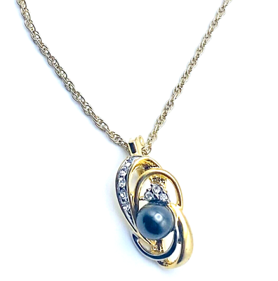 #ad Vintage Black Stone Pendant Necklace Gold Tone 16quot; Chain Knot w Rhinestones 1quot; $16.22