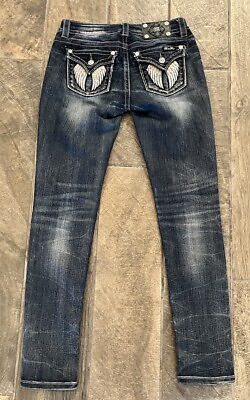 #ad Miss Me Signature Skinny Mid Rise Jeans Distressed Rhinestones Women’s SZ 27x31 $29.99