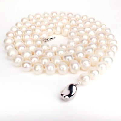 #ad Real Pearl Necklace Choker Long White Natural Bead Knotted Silver Clasp Gift $11.99